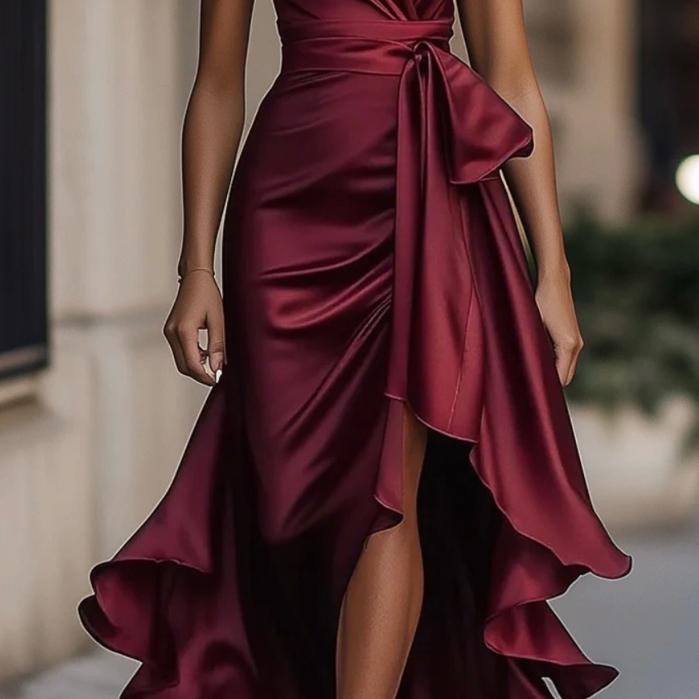 Chic Wine Satin High-Low Dress